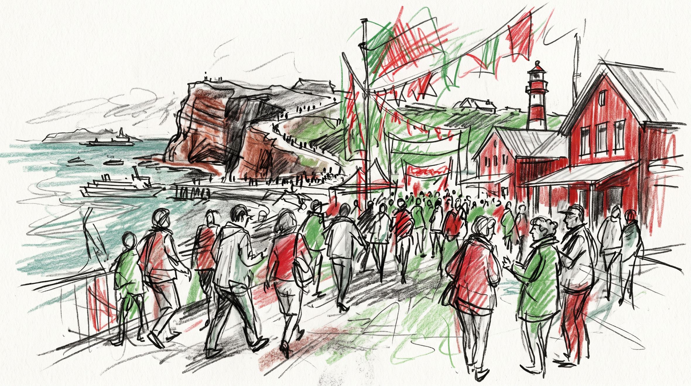 Festtrubel an der Landungsbrücke — Buntstift-Skizze: Menschen, Wimpel in Grün-Rot-Weiß, Leuchtturm und Lange Anna
