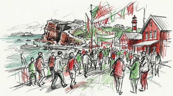 Festtrubel an der Landungsbrücke — Buntstift-Skizze: Menschen, Wimpel in Grün-Rot-Weiß, Leuchtturm und Lange Anna