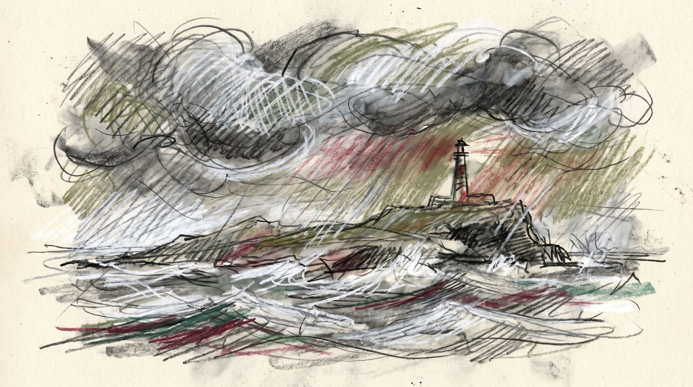 Sturm über Helgoland — Buntstift-Skizze: dunkle Wolken über dem roten Felsen, Brandung an der Kante